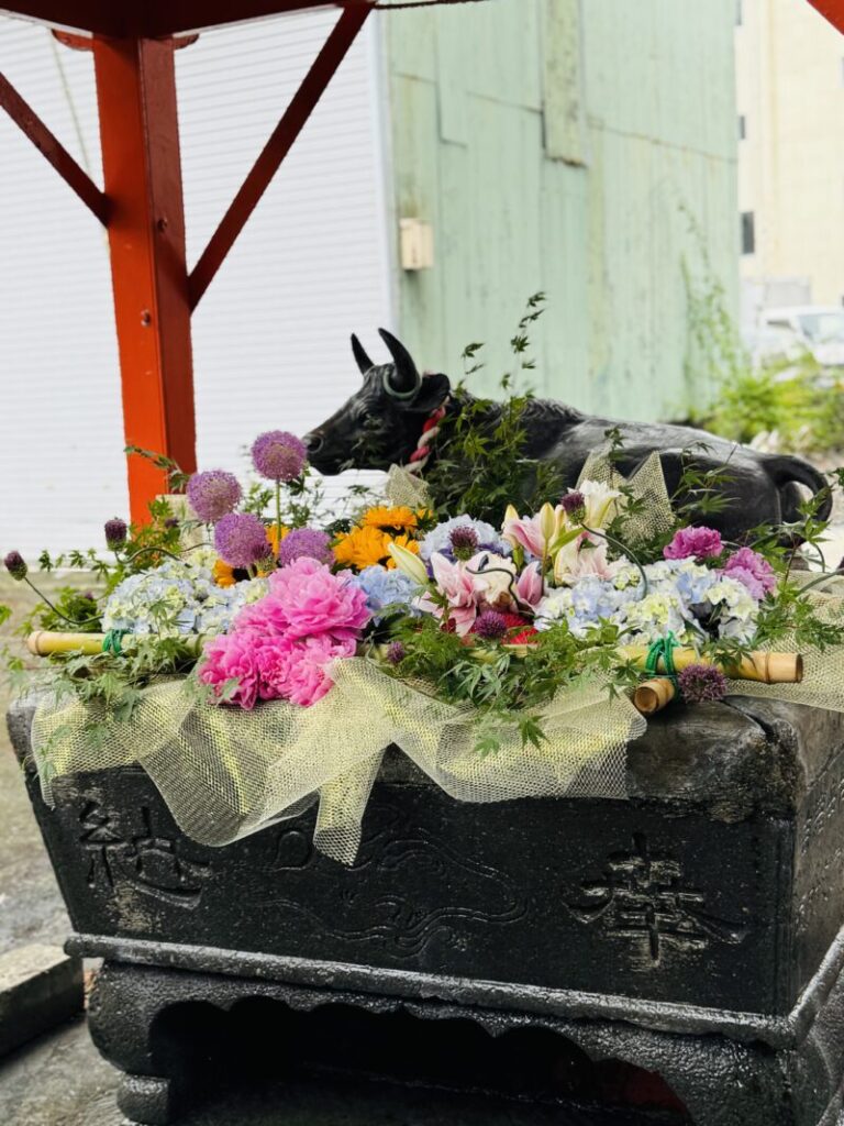 天神社の牛と紫陽花などの花手水